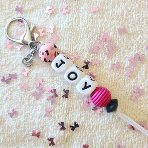 Keychain - JOY - Hot Pink, Light Pink w/prints & White Silicone Beads